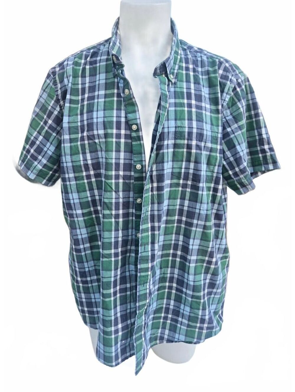 Sonoma Men's XXL Short Sleeve Button-Up Shirt Green Navy Plaid Cotton